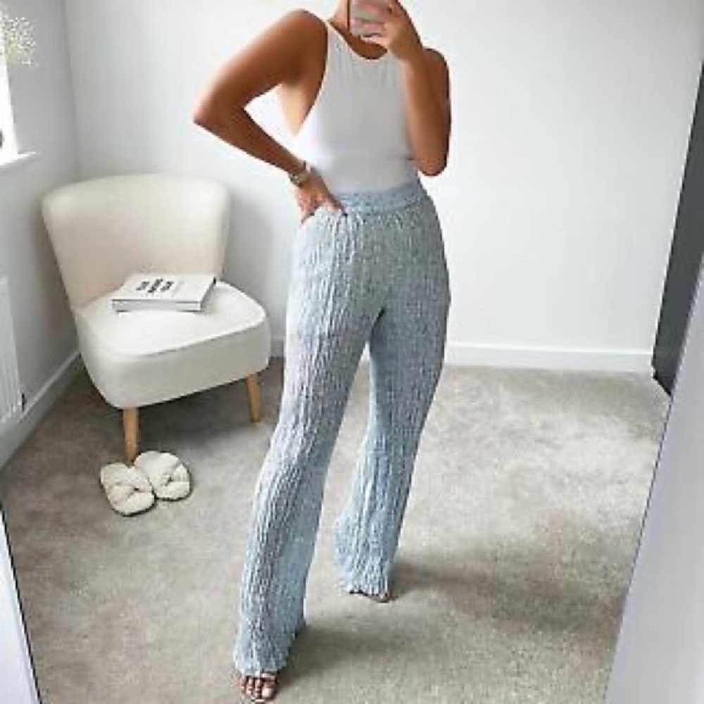 Zara WRINKLE-LOOK Semi-Sheer HIGH WAIST PANTS w/ Elastic Waist BLUE/WHITE NEW